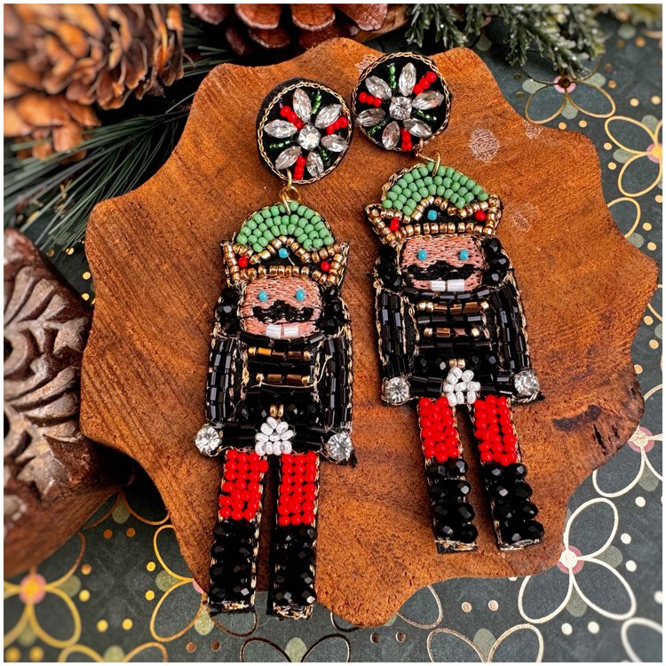 Crystal Nutcracker Christmas Seed Beaded Holiday Earrings