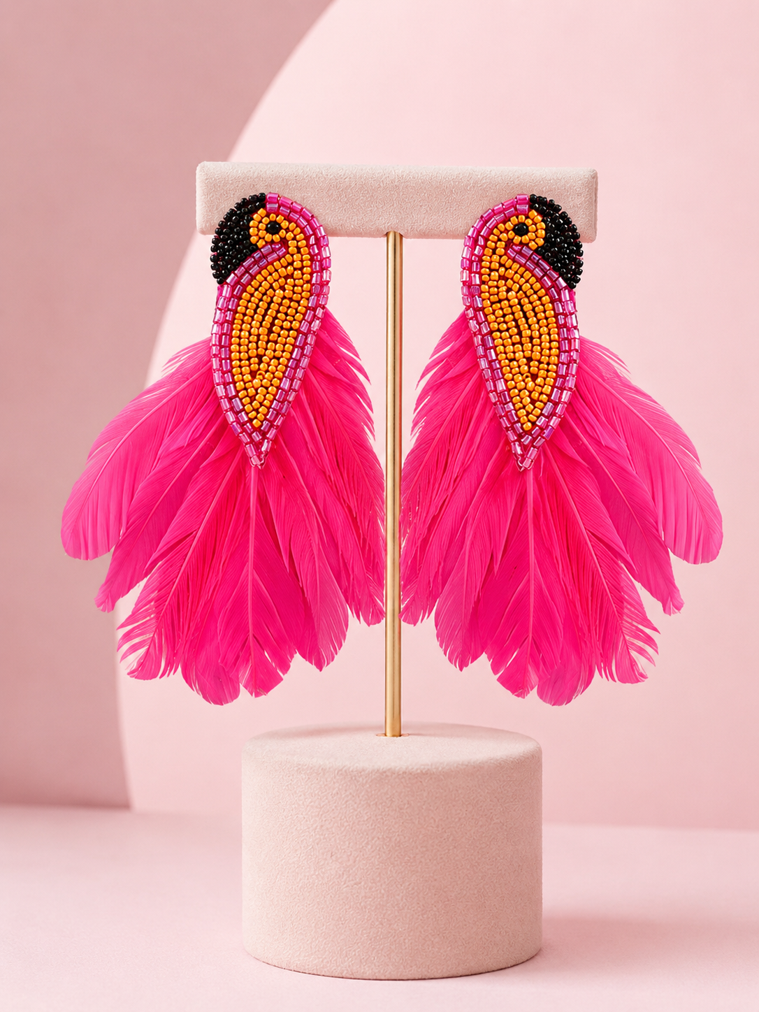 Pink Parrot Feathered Beaded Resort Earrings