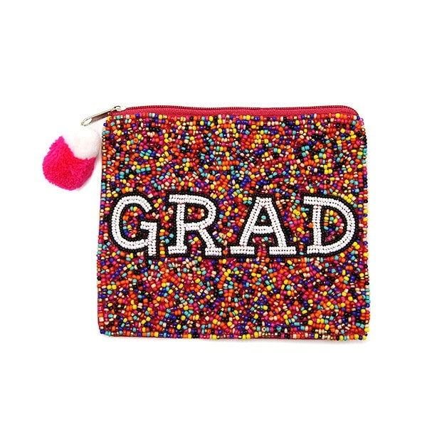 Graduation GRAD Rainbow Confetti Beaded Coin Purse Pouch