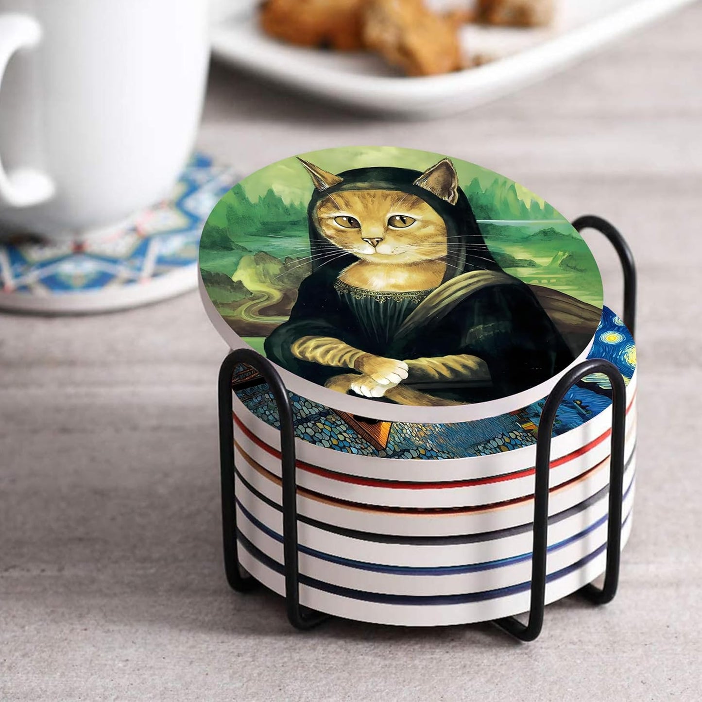 Set of 8 Famous Art Cat Theme Coasters