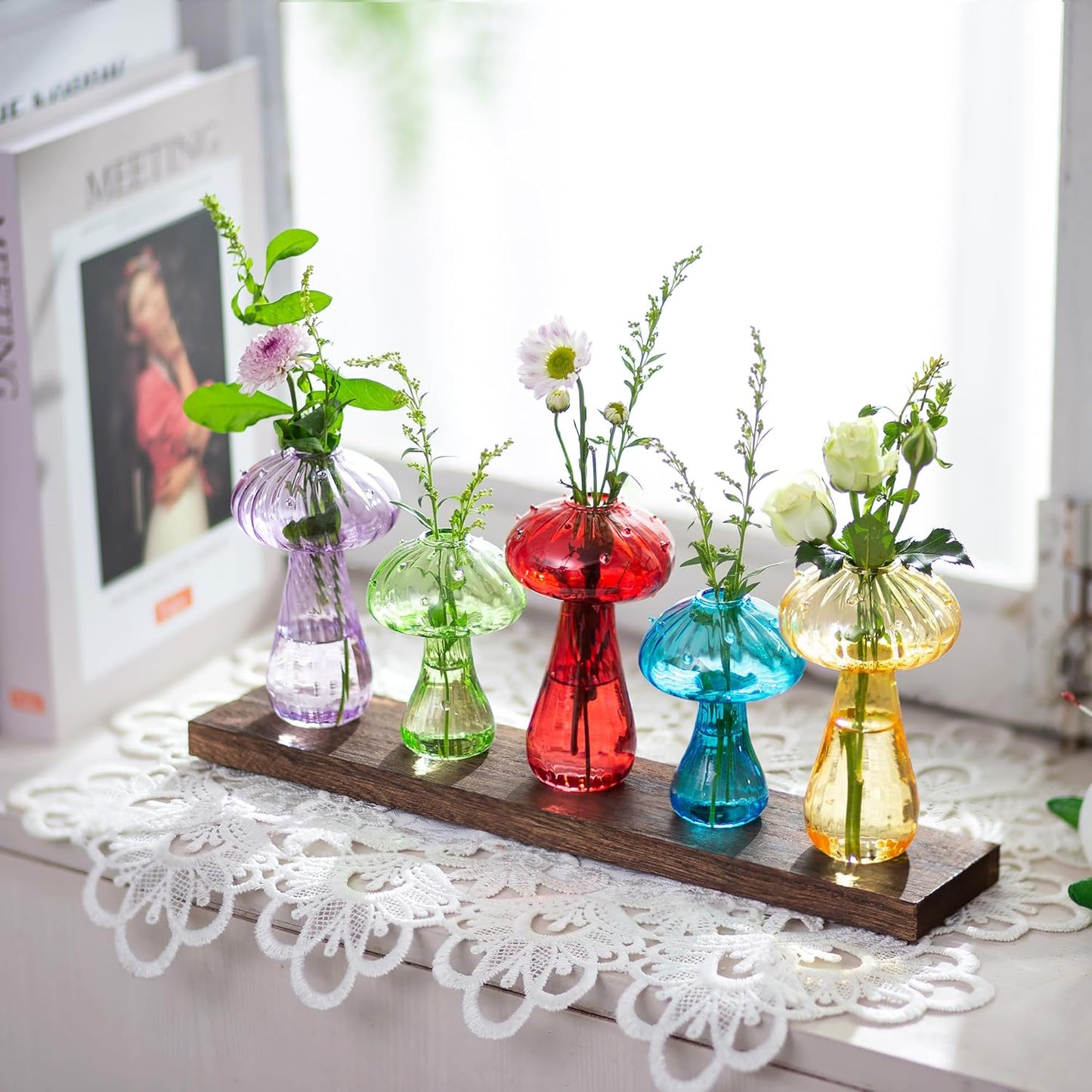 5 PC Decor Set of Glass Mushroom Design Single Stem Vases