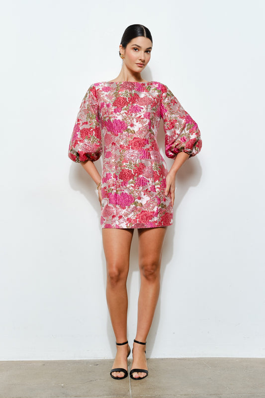 Pink Peony Petals Jacquard Mini Dress