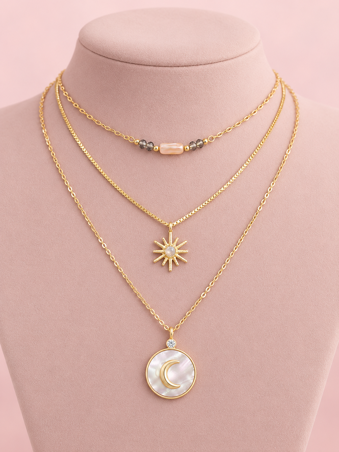 Crescent Moon Dainty Gold Dipped Celestial Layered Necklace