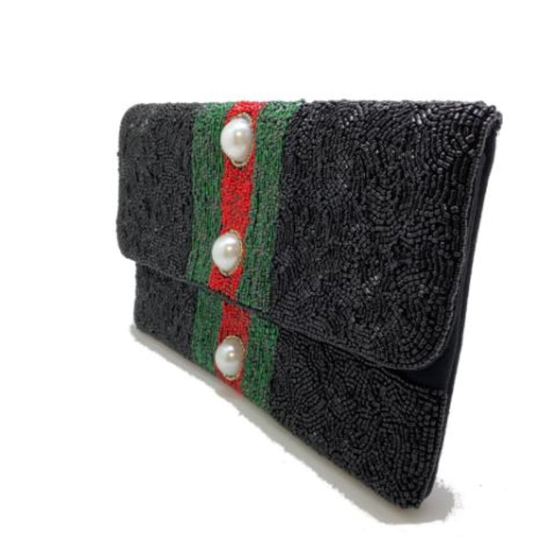 Red Green Striped Black Beaded Clutch Bag