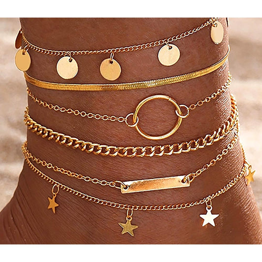 5PC Boho Gold Dipped Charm Anklet Set