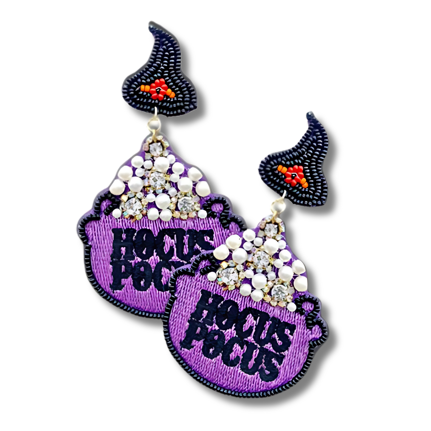 Hocus Pocus Witch Theme Cauldron Pearl Beaded Earrings