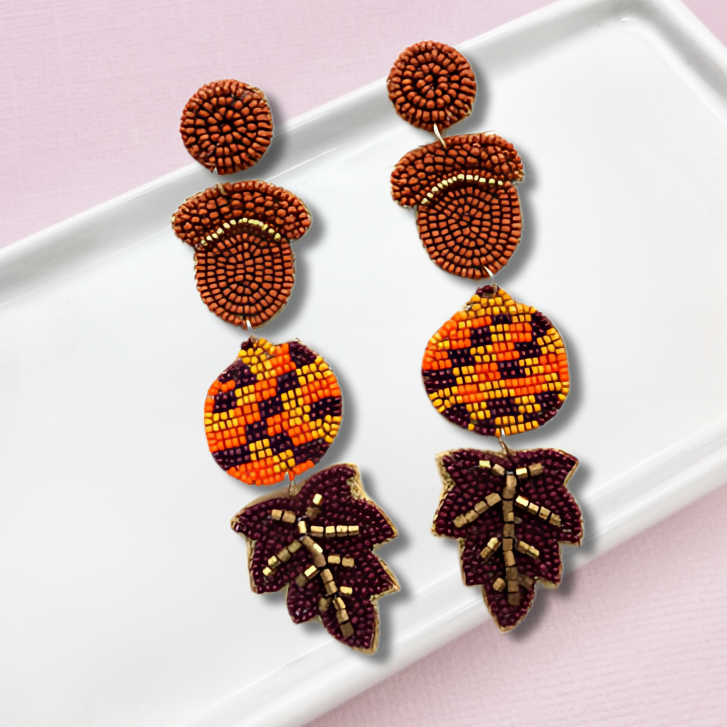 Fall Autumn Oak Trees Acorns Seed Beaded Earrings