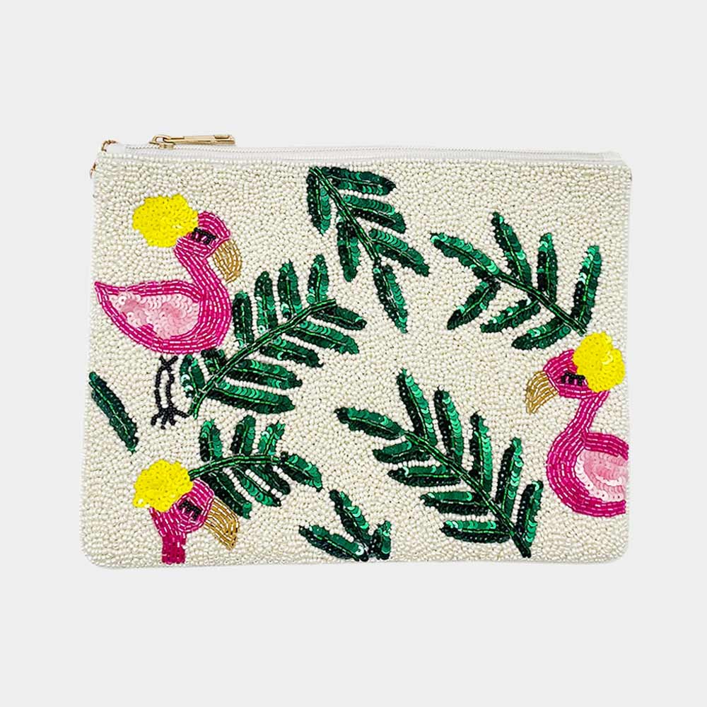 Pink Flamingo Crossbody Clutch Beaded Sequin Resort Handbag