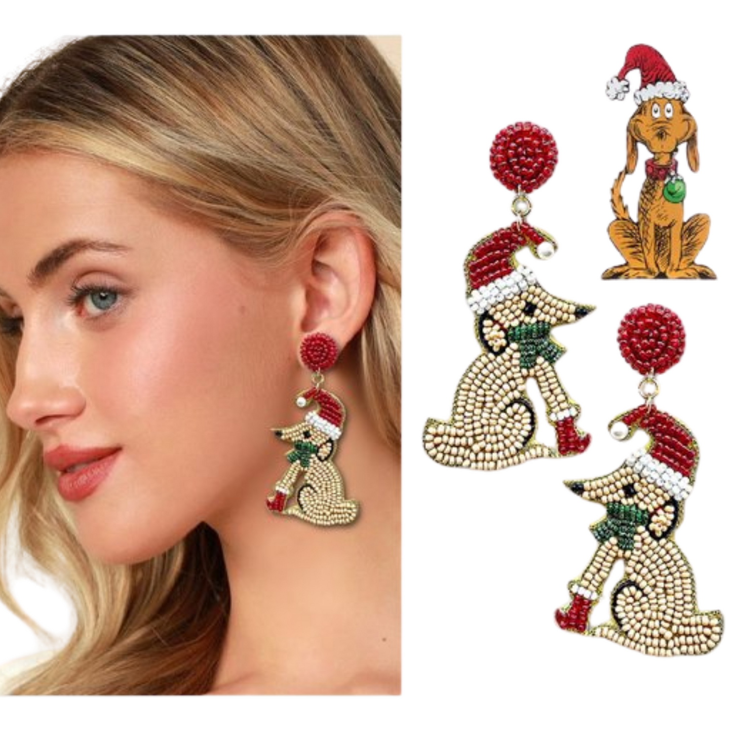 Max The Grinch Dog Seed Bead Christmas Holiday Earrings