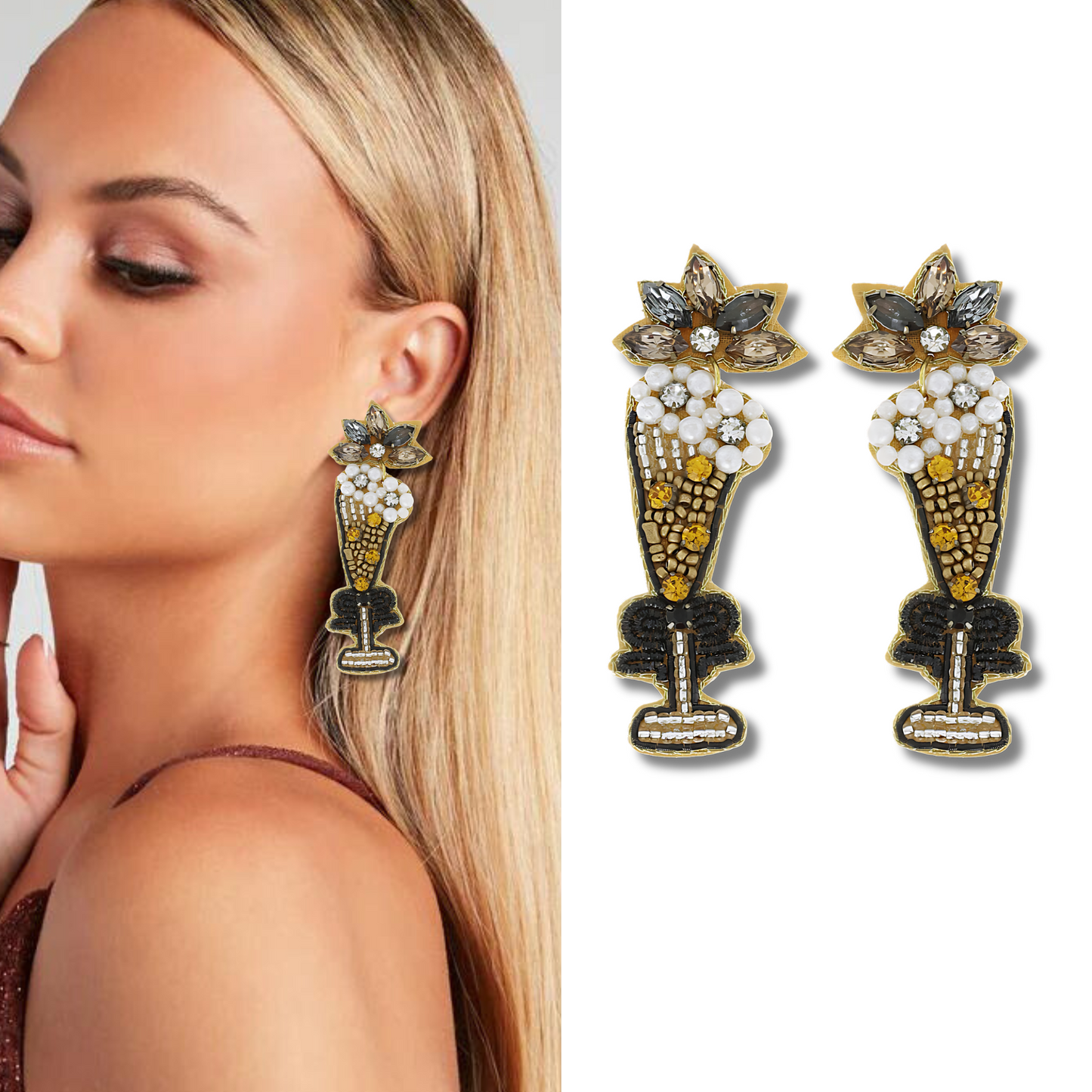Raise A Toast Champagne Flute Pearl Beaded Crystal Earrings