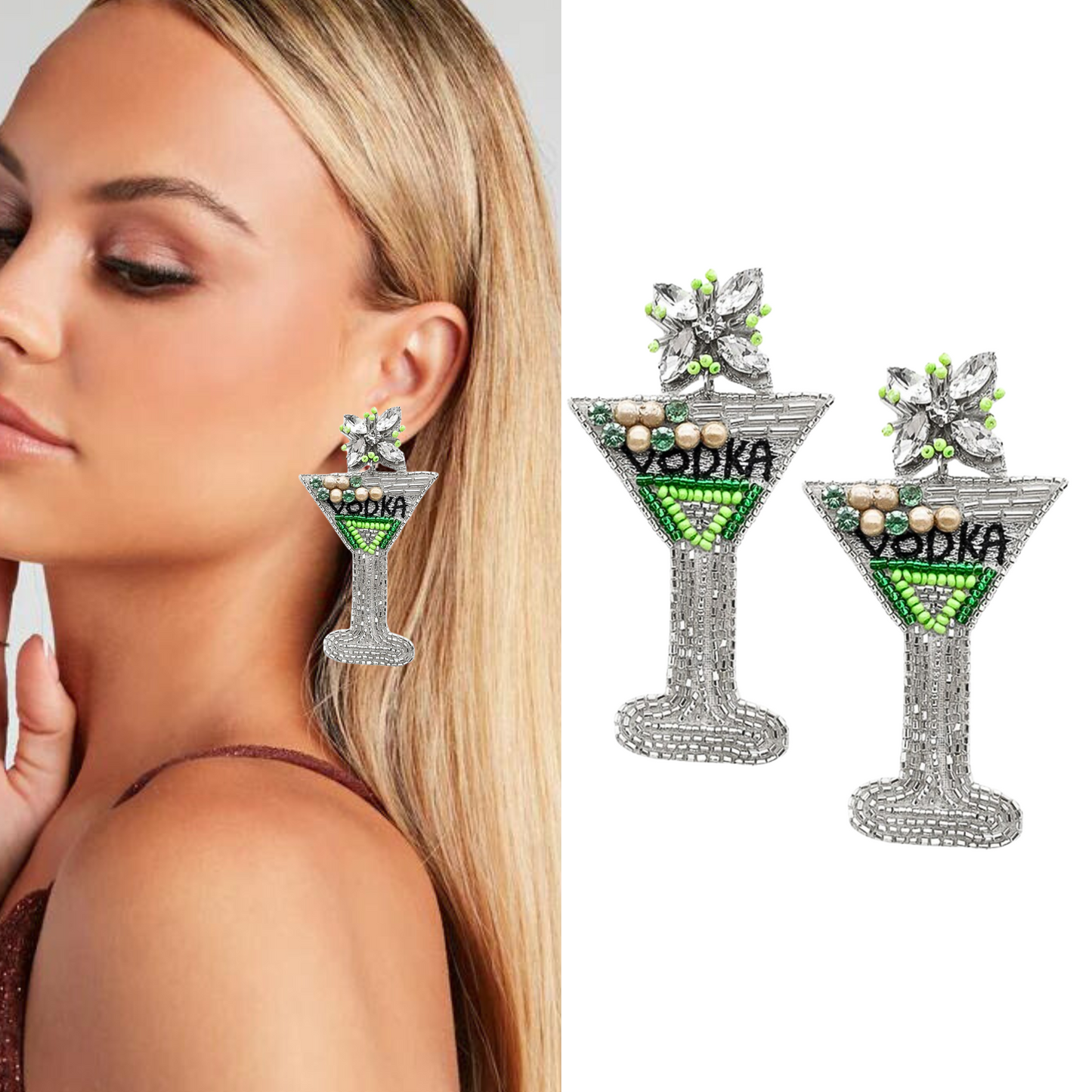 Vodka Martini Crystal Seed Beaded Party Earrings