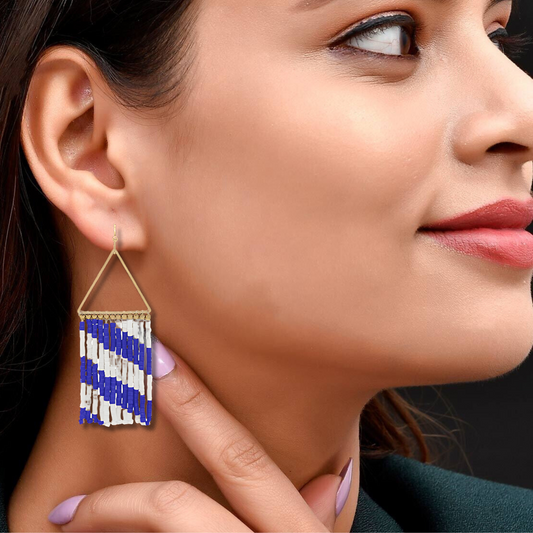 Blue White Triangle Beaded Earrings