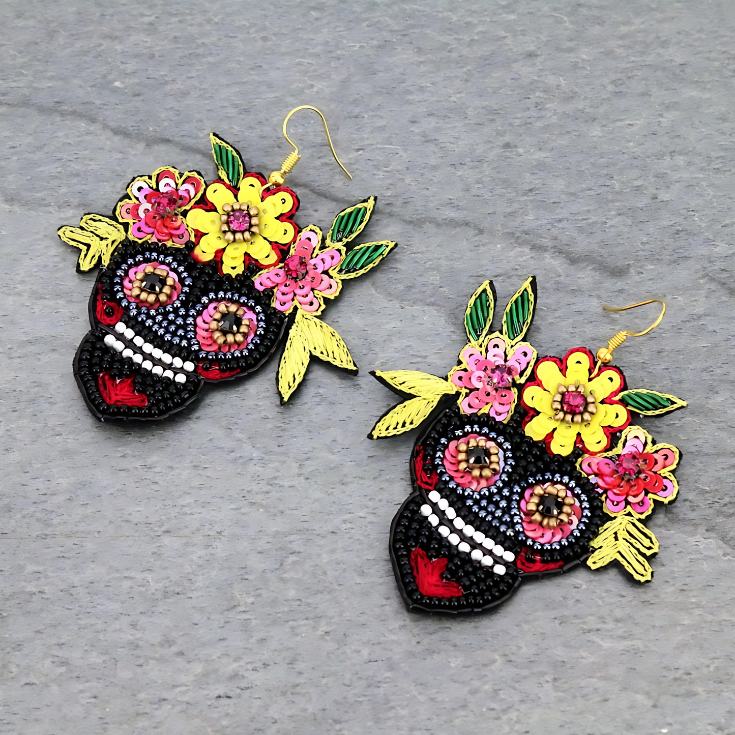 Mardi Gras Beaded Black Sugar Skull Earrings