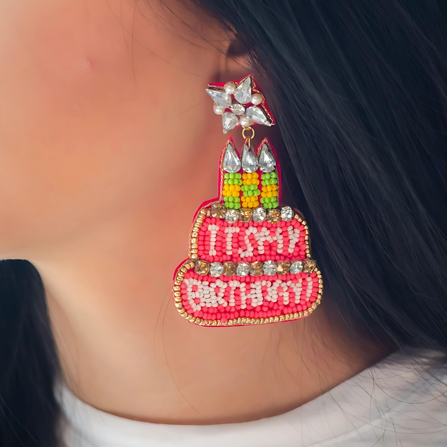 IT'S MY BIRTHDAY Layer Cake Celebration Beaded Rhinestone Earrings