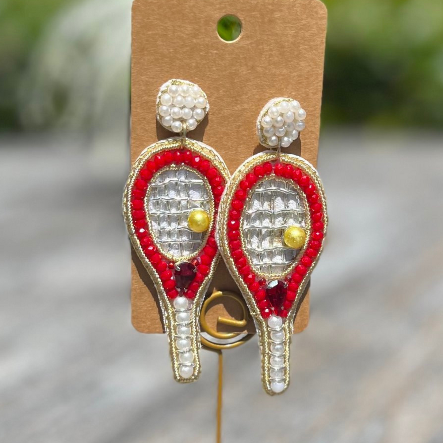 TENNIS Theme Seed Beaded Red Sparkle Racket Earrings