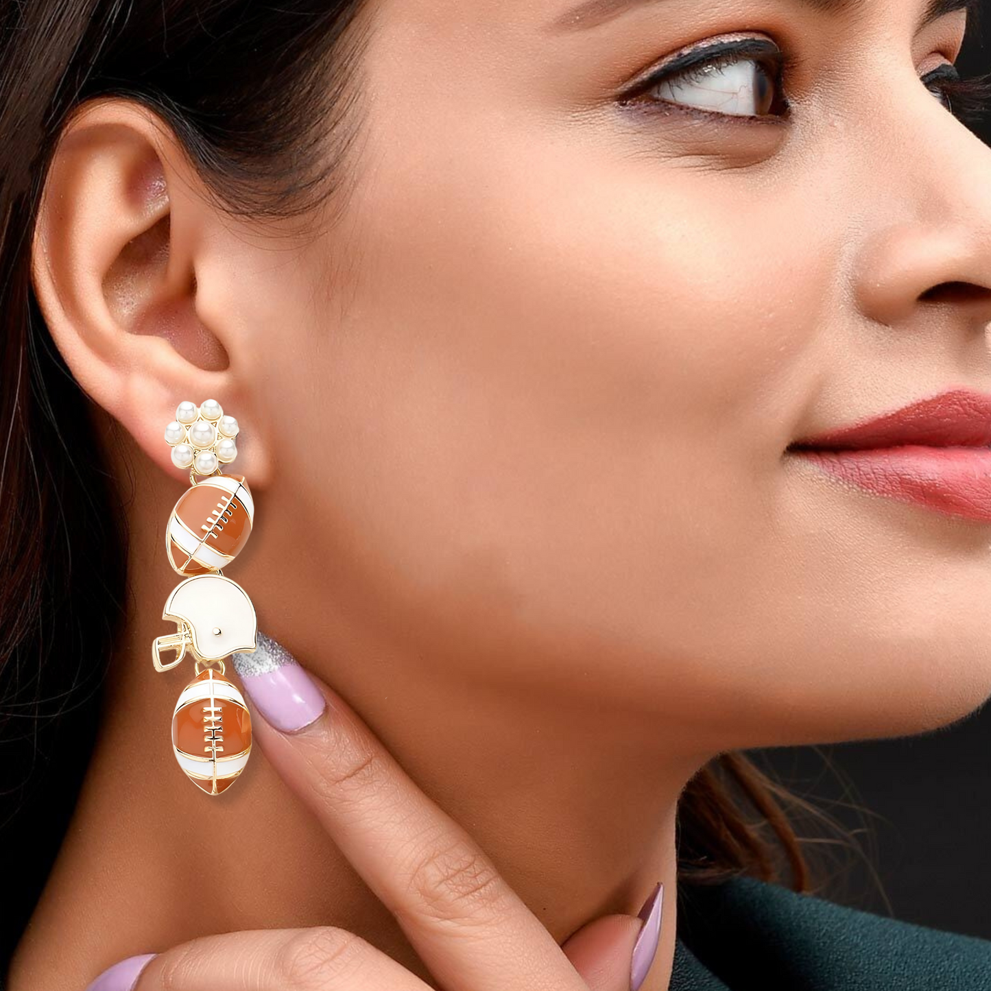 Footballs Helmets Pearl Topped Dangle Earrings