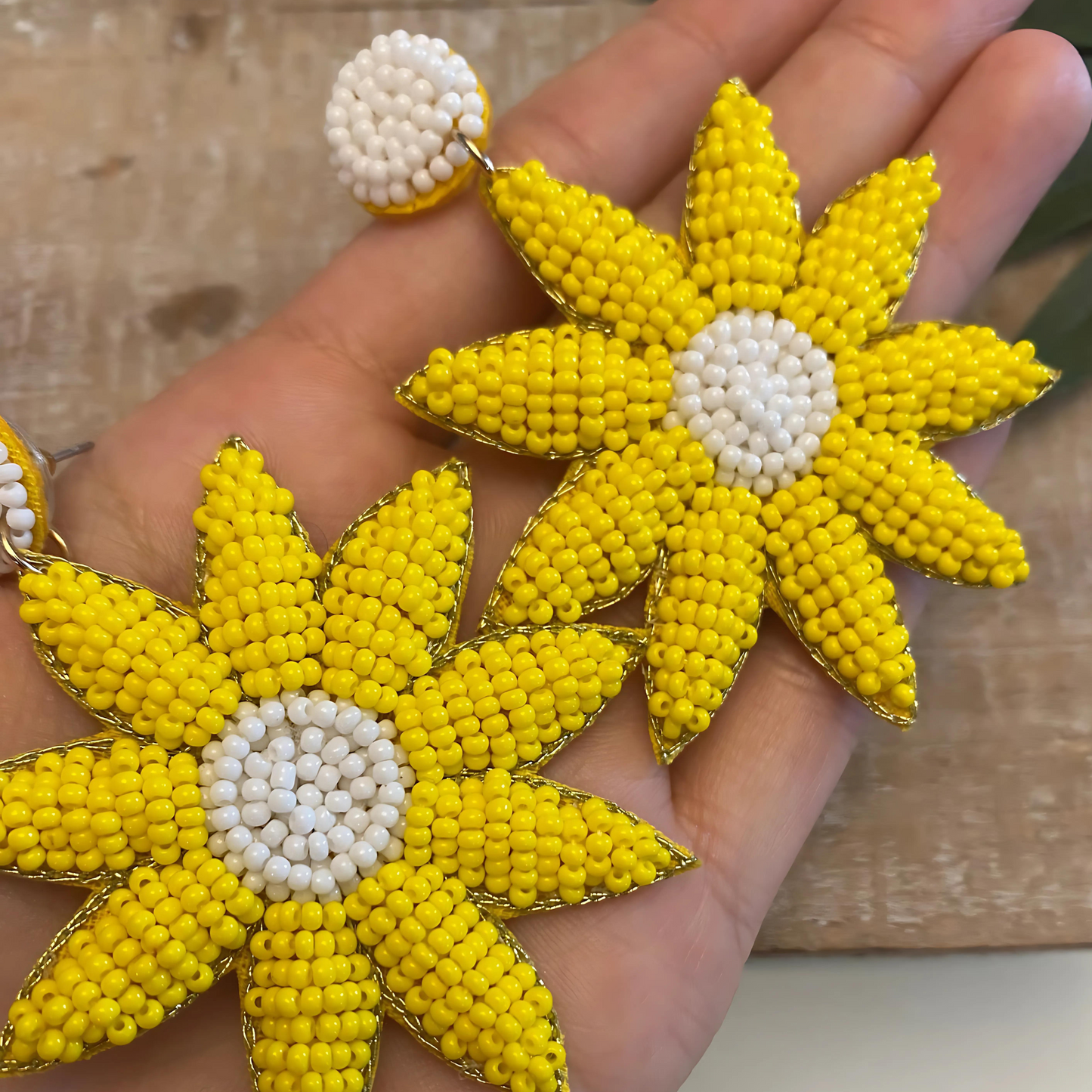 Seed Beaded Yellow White Sunflower Fall Earrings