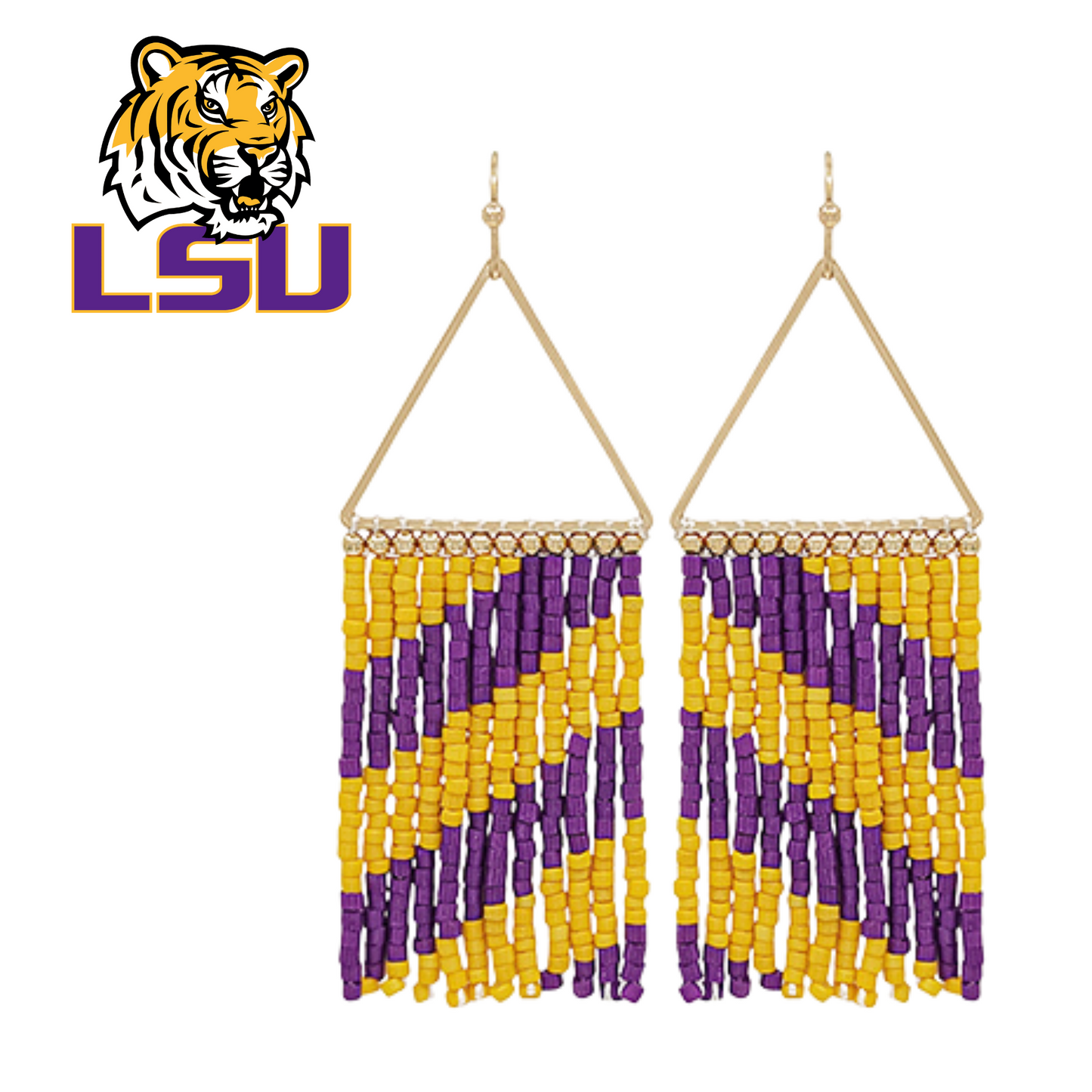 LSU Football Team Colors Fringe Seed Beaded Earrings