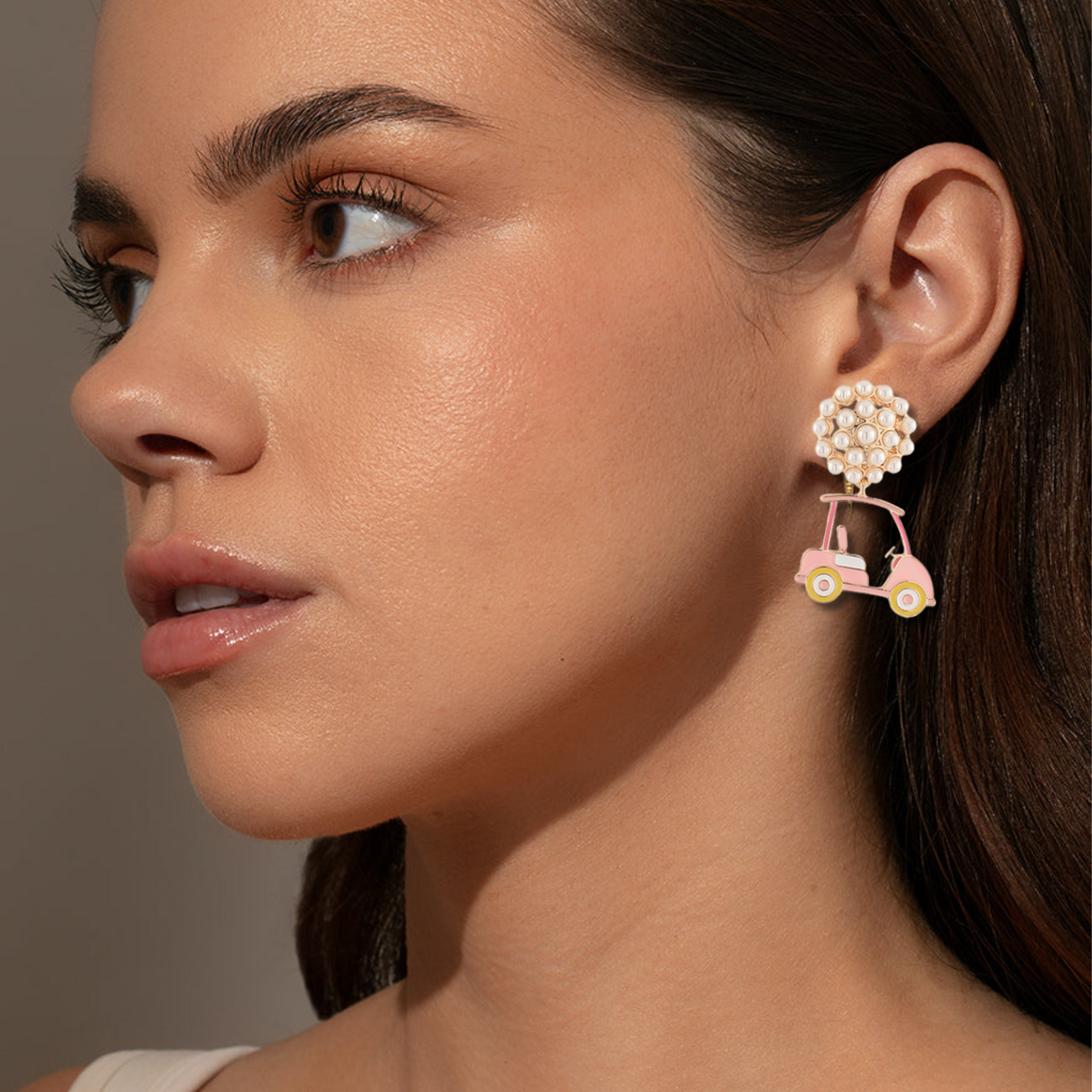 Pearl Top Pink Gold Enamel Golf Cart Earrings