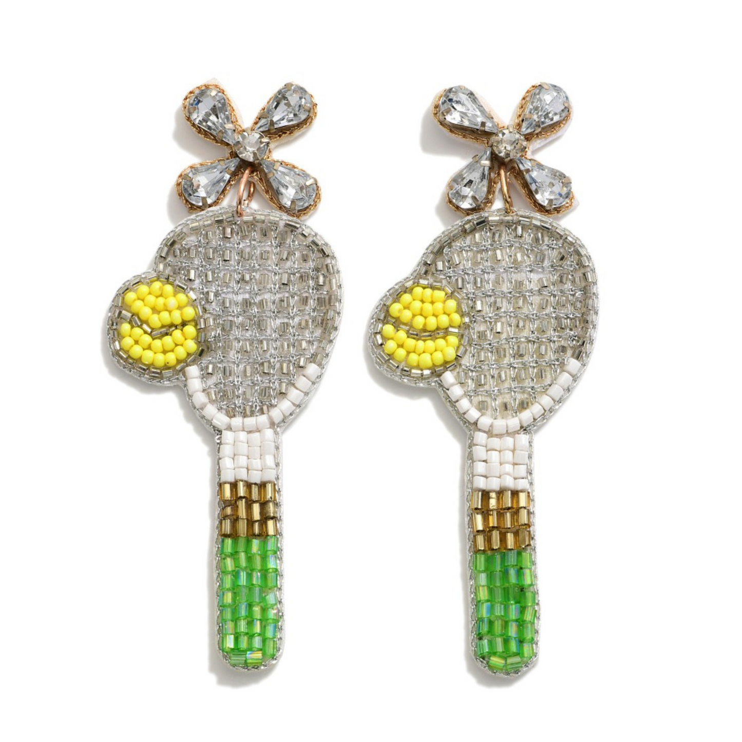 TENNIS Silver Black Beaded Crystal Racket Earrings
