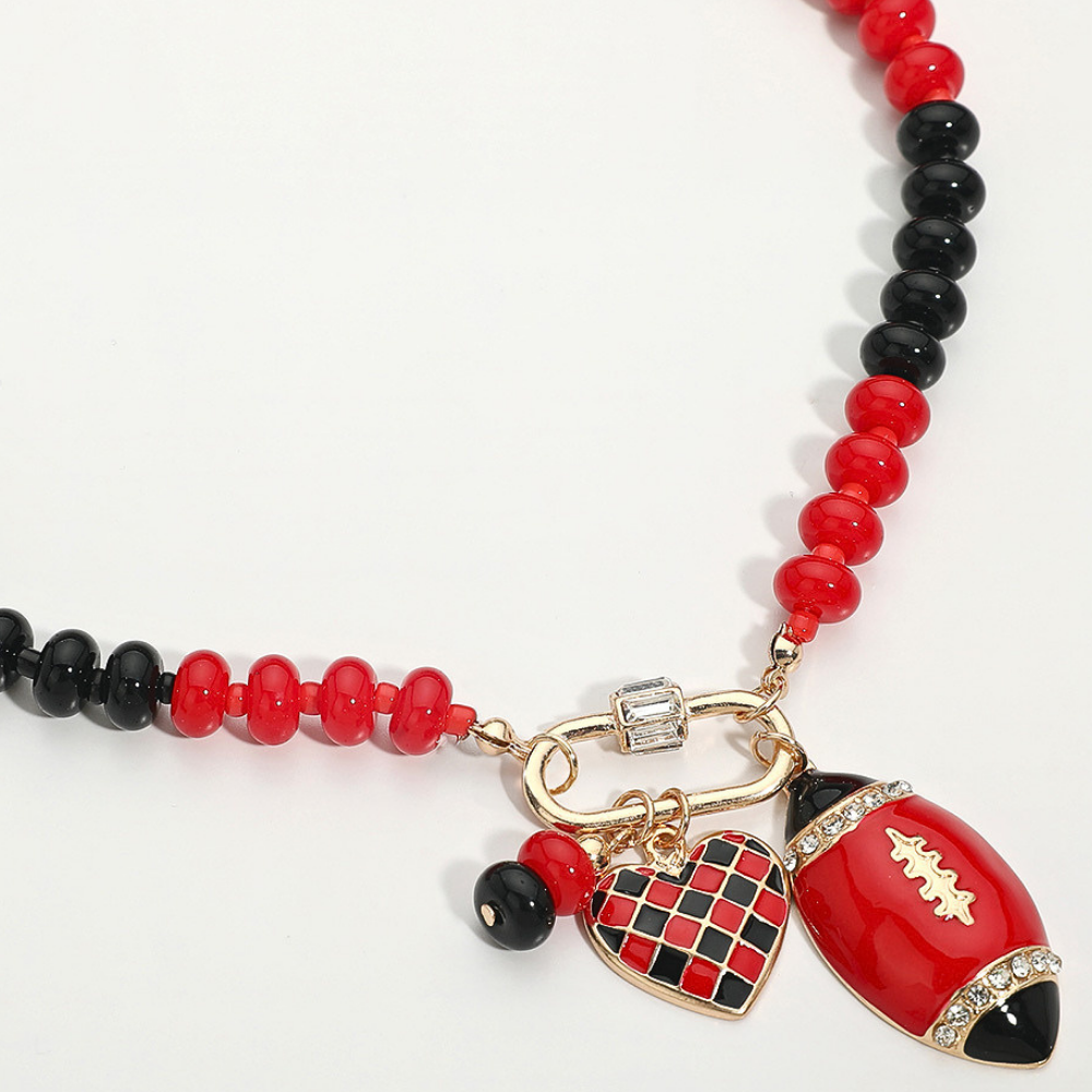 Red & Black Football Team Beaded Charm Necklace