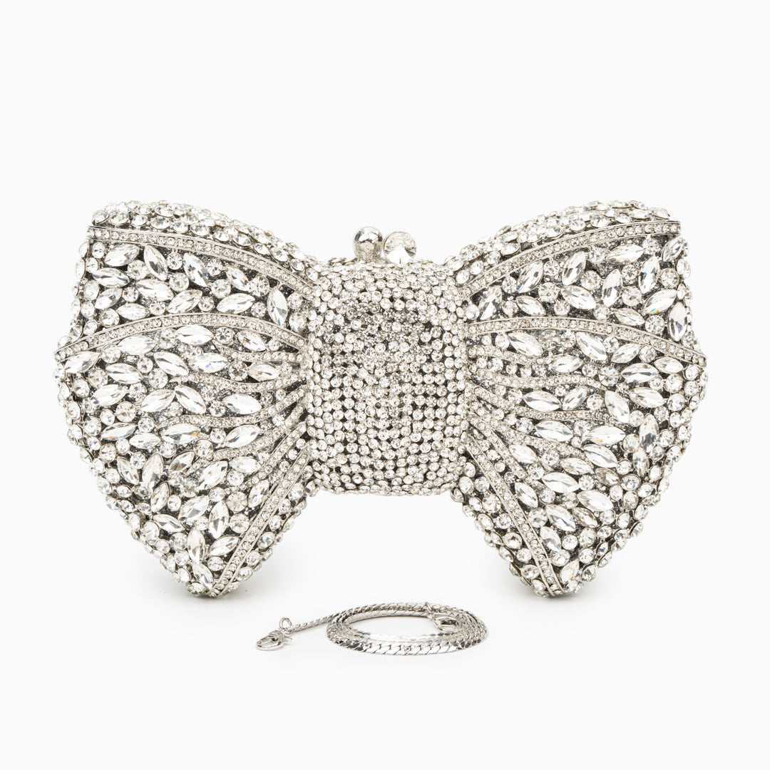 Austrian Crystal Silver Bow Evening Clutch Handbag