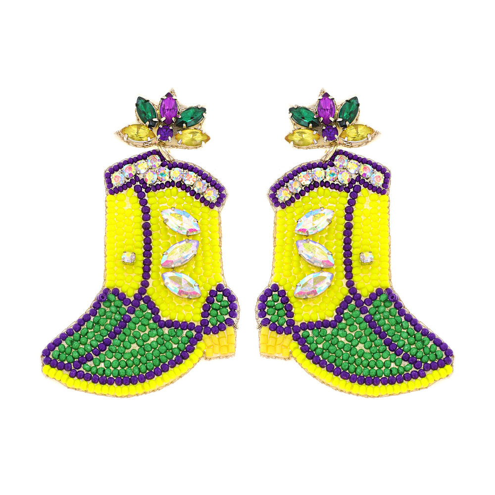 Mardi Gras Jeweled Beaded Western Boots Earrings