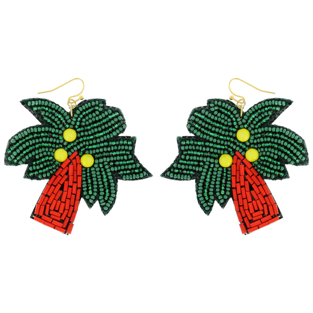 Tropical Palm Tree Seed Bead Dangle Earrings