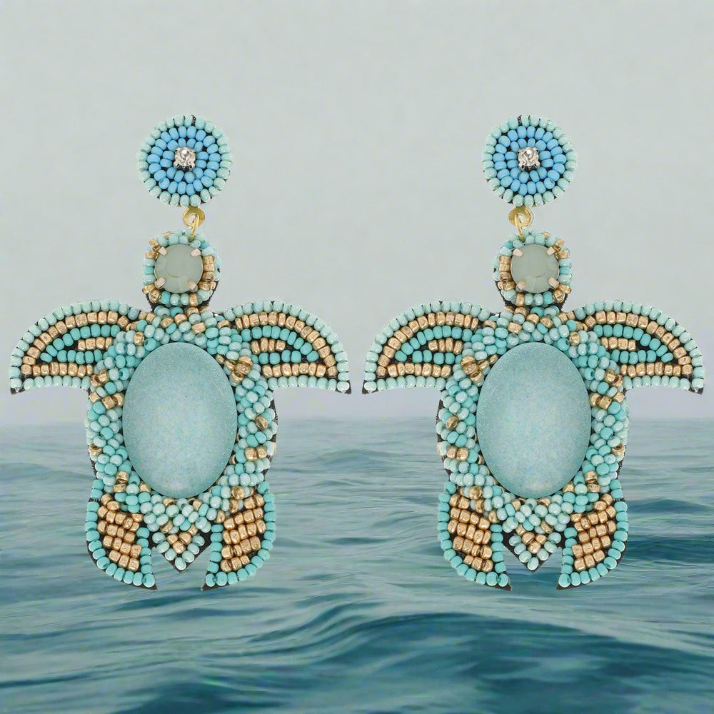 Beaded Natural Stone Turquoise Sea Turtle Earrings