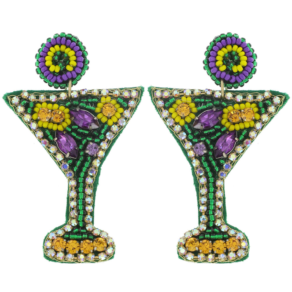 Mardi Gras Martini Cocktail Glass Beaded Earrings
