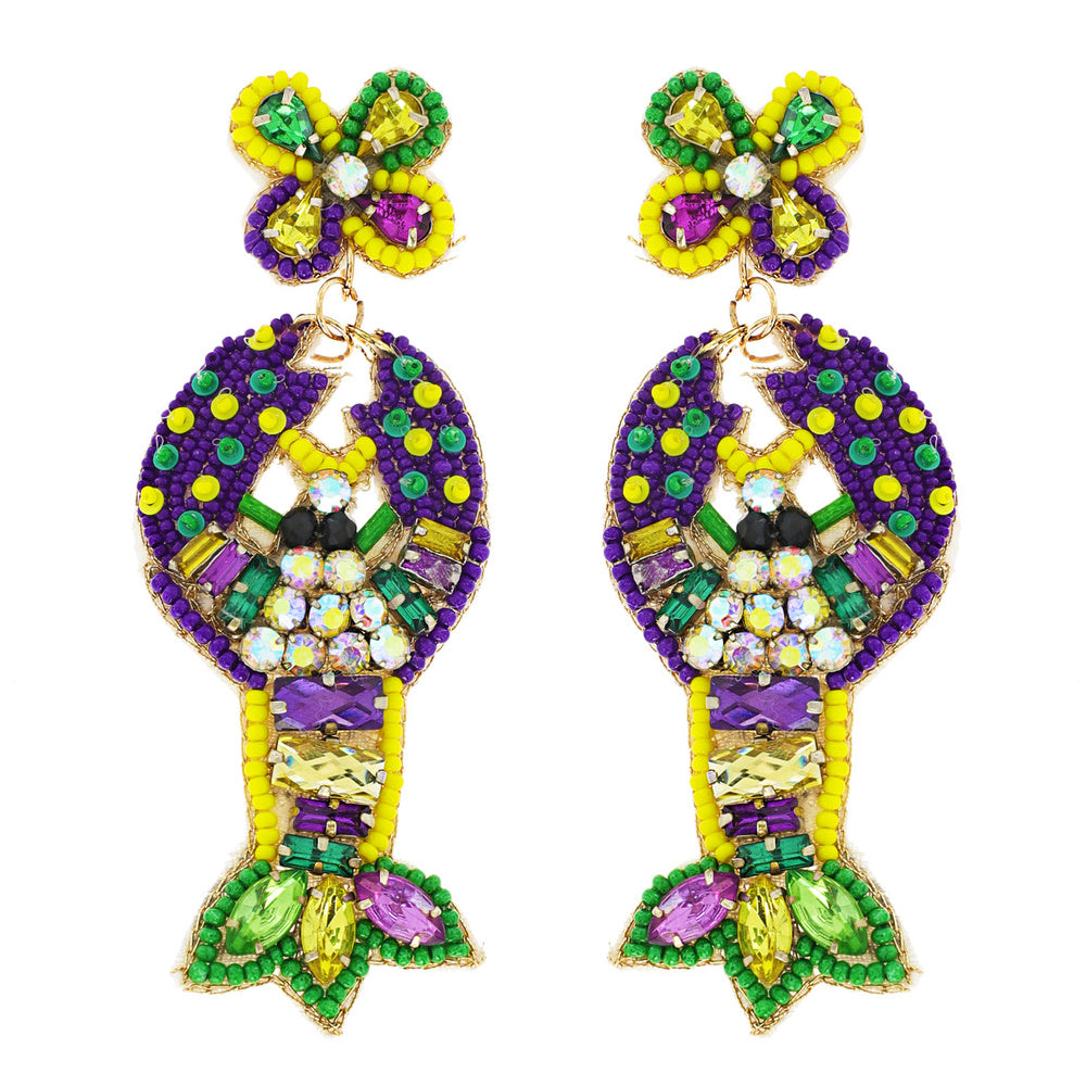 Mardi Gras Jeweled Crawfish Seed Beaded Earrings
