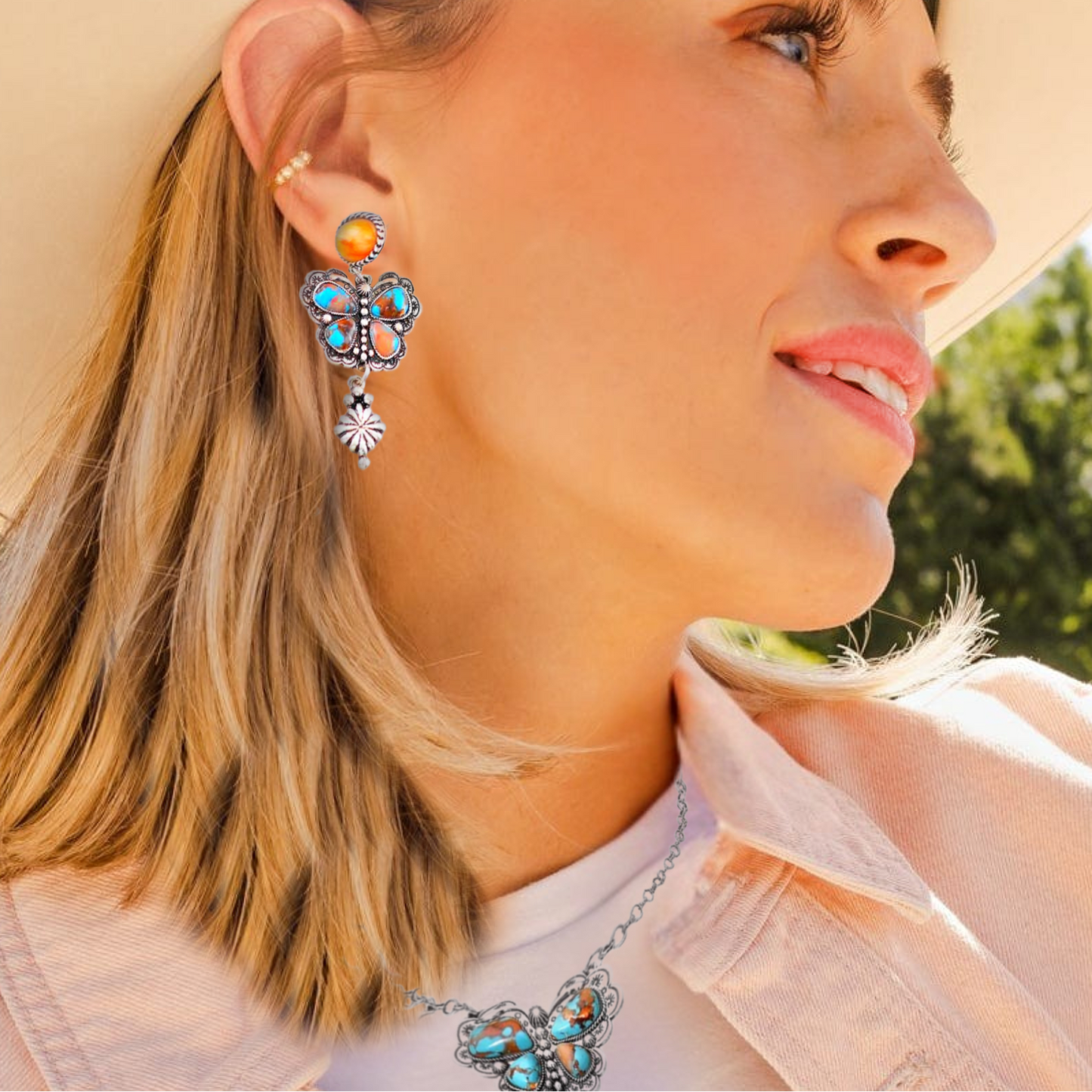 Silver Butterfly Western Stone Necklace Earrings SET
