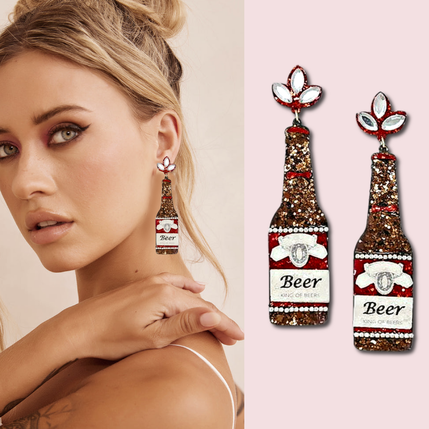 Bud Beer Bottle Vegan Leather Glitter Earrings