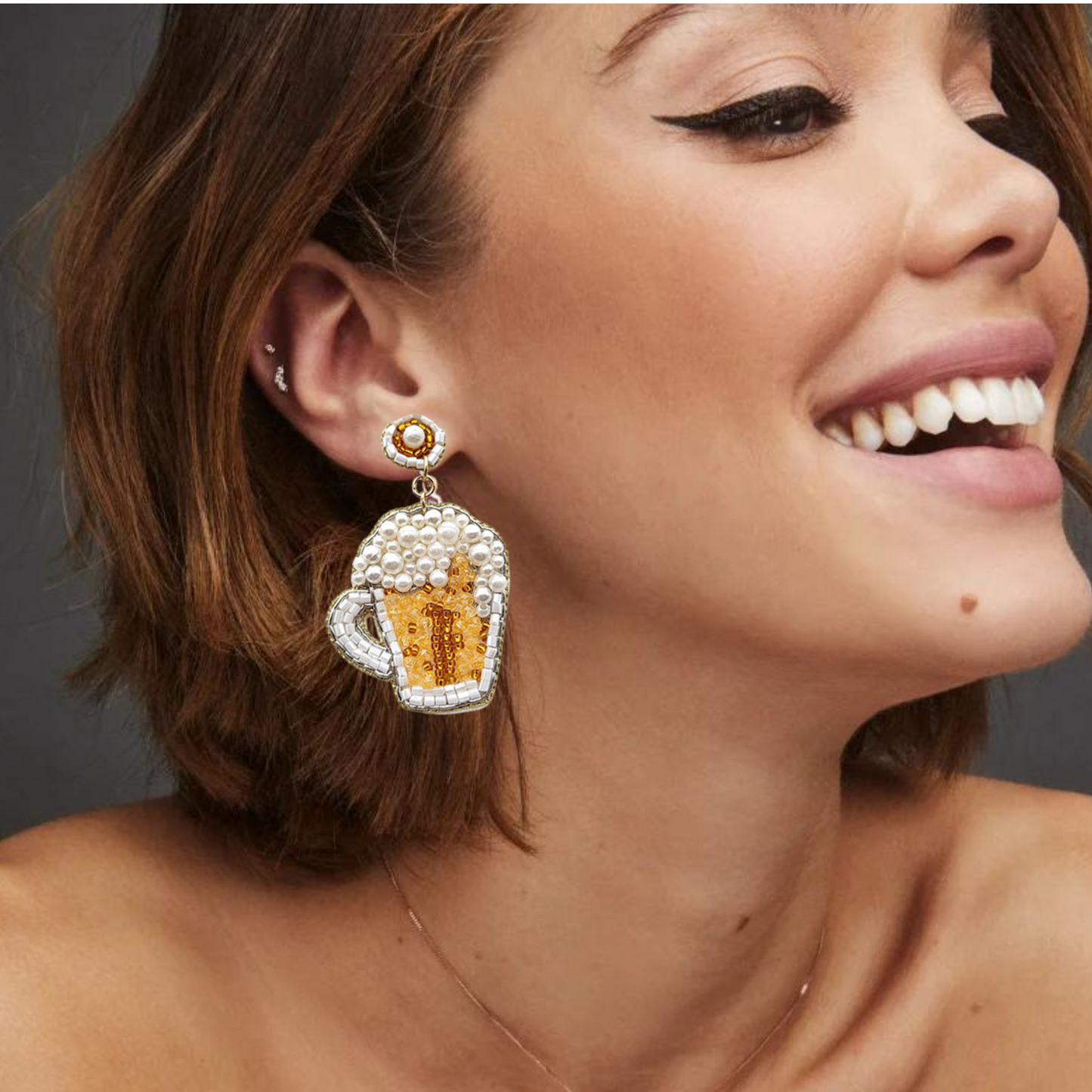Sudsy Beer Mug Pearl Beaded Earrings