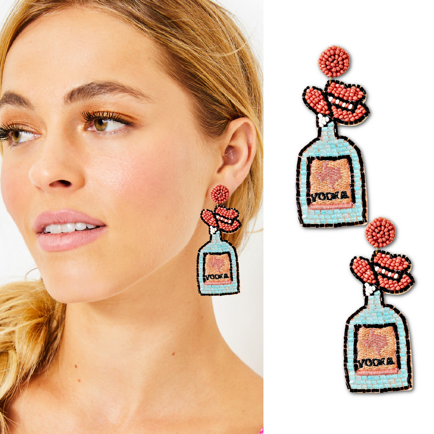 Western Cowgirl Hat Vodka Bottle Beaded Earrings