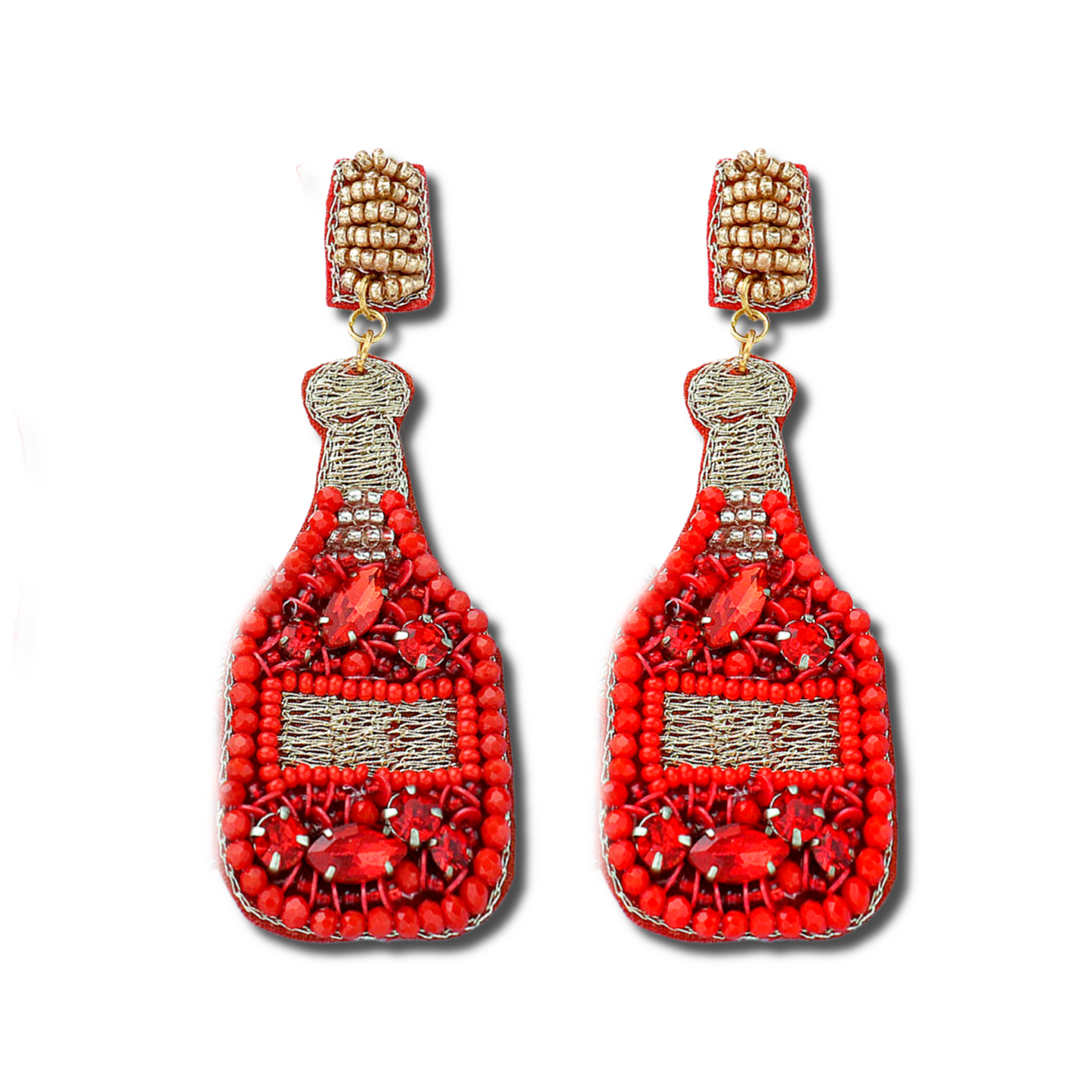 Red Beaded Champagne Bottle Party Earrings