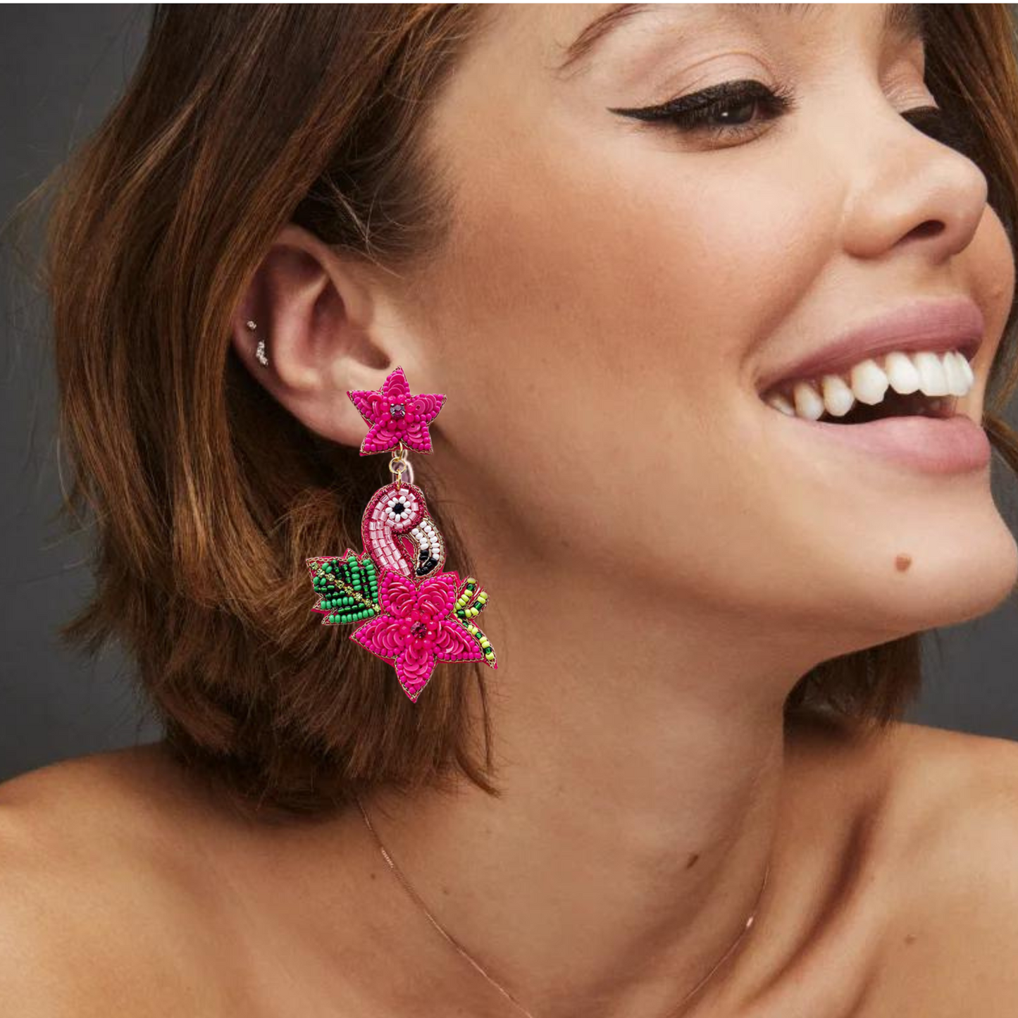 Pink Flamingo Tropical Bird Star Beaded Crystal Earrings