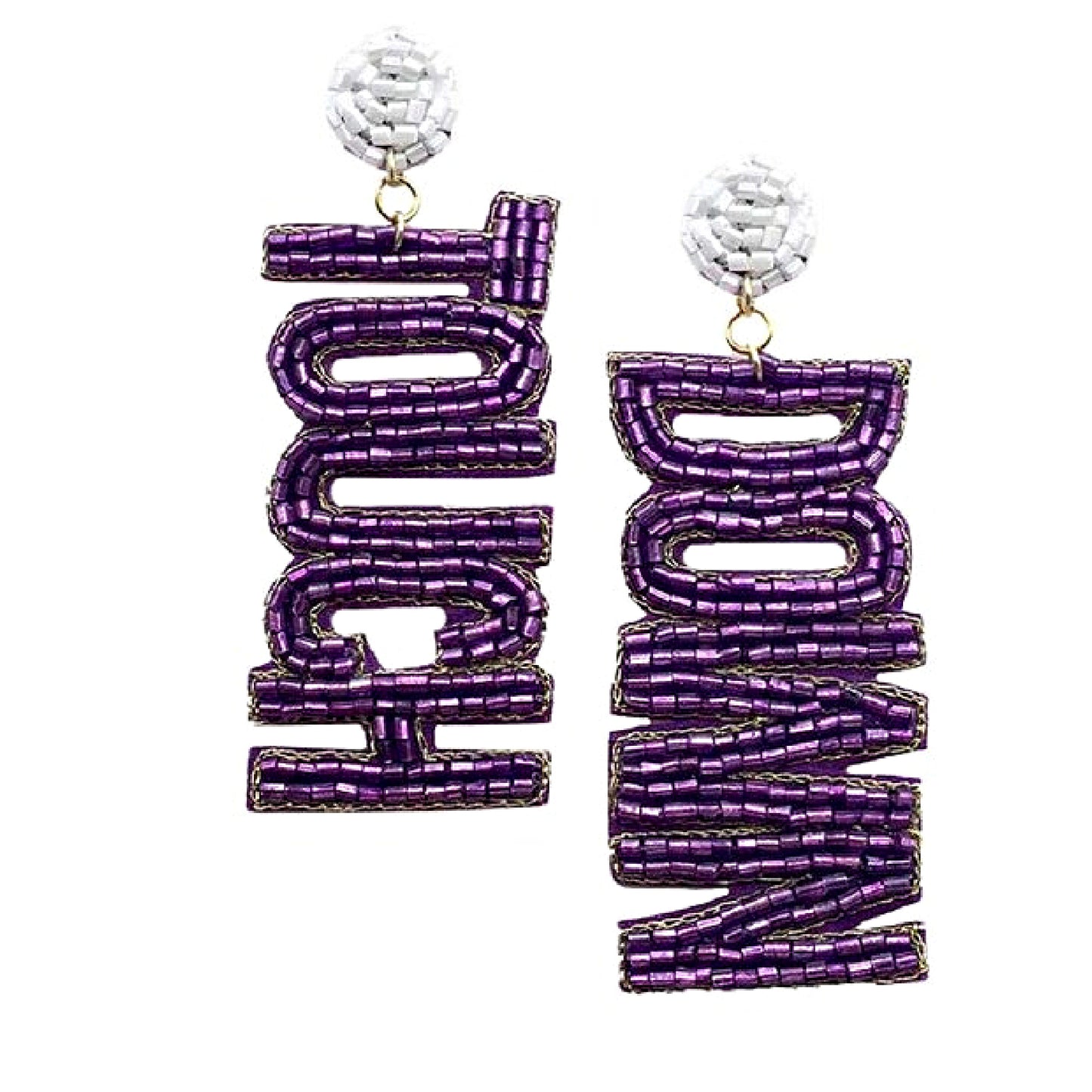 Purple White Football Team Colors TOUCH DOWN Beaded Earrings