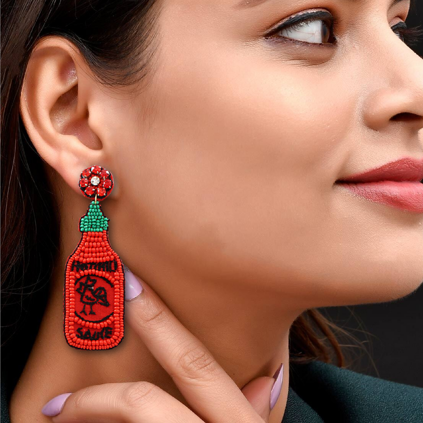 Hot Chili Sriracha Sauce Bottle Beaded Earrings
