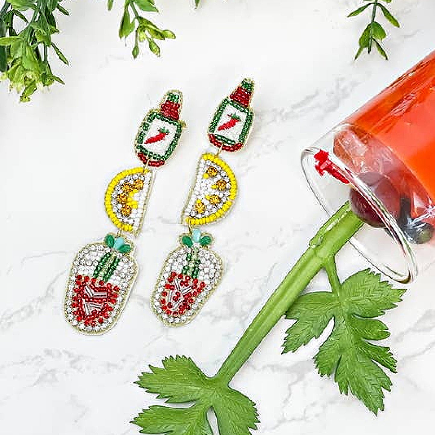 Bloody Mary Cocktail Beaded Rhinestone Earrings