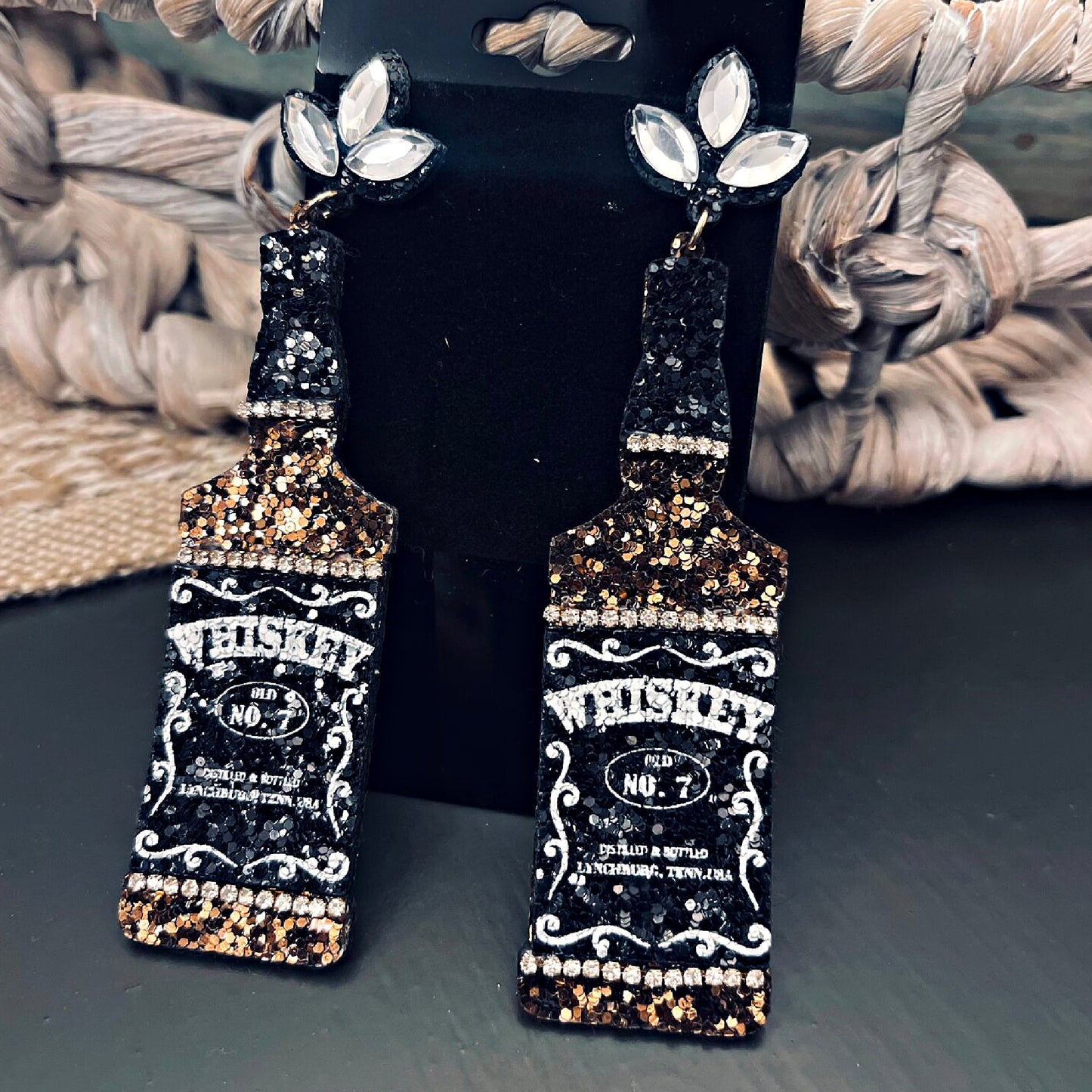 Whiskey Brand Bottle Glitter Leather Cut Earrings