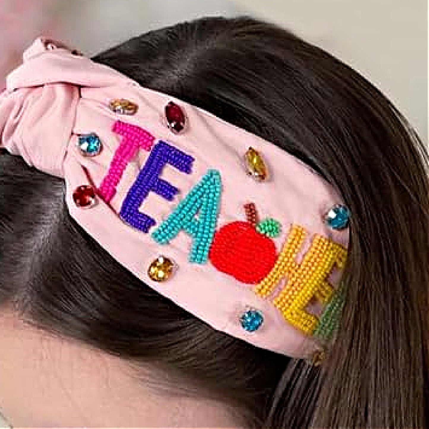 TEACHER Apple Pink Beaded Crystal Top Knot Headband
