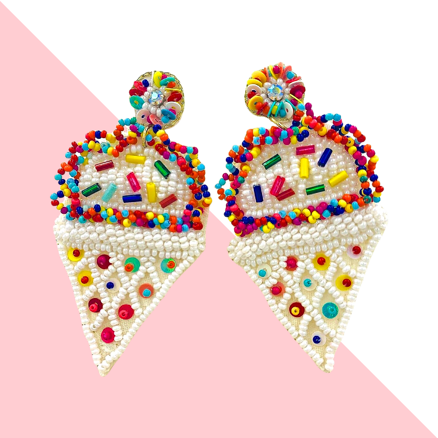 Seed Beaded Sprinkle Top Ice Cream Cone Earrings