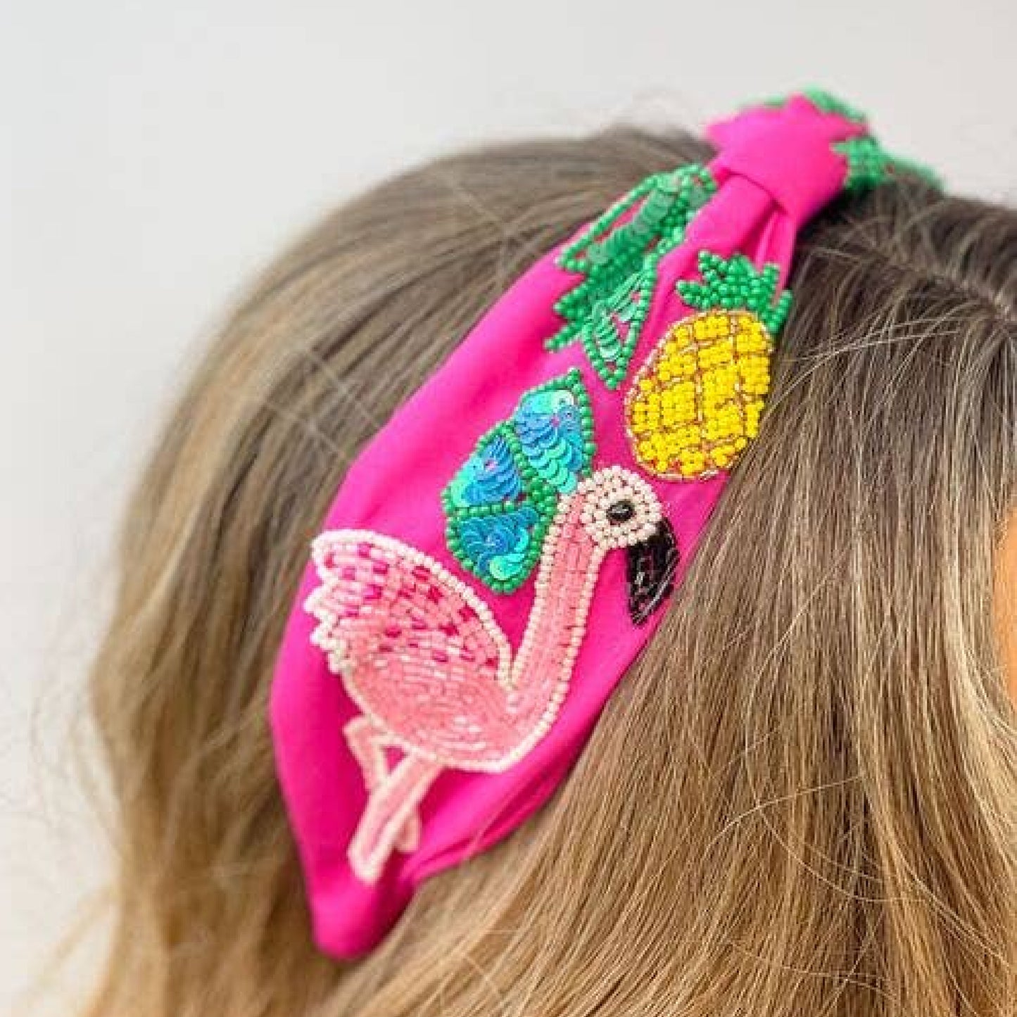 Tropical Flamingo Embellished Seed Beaded Headband