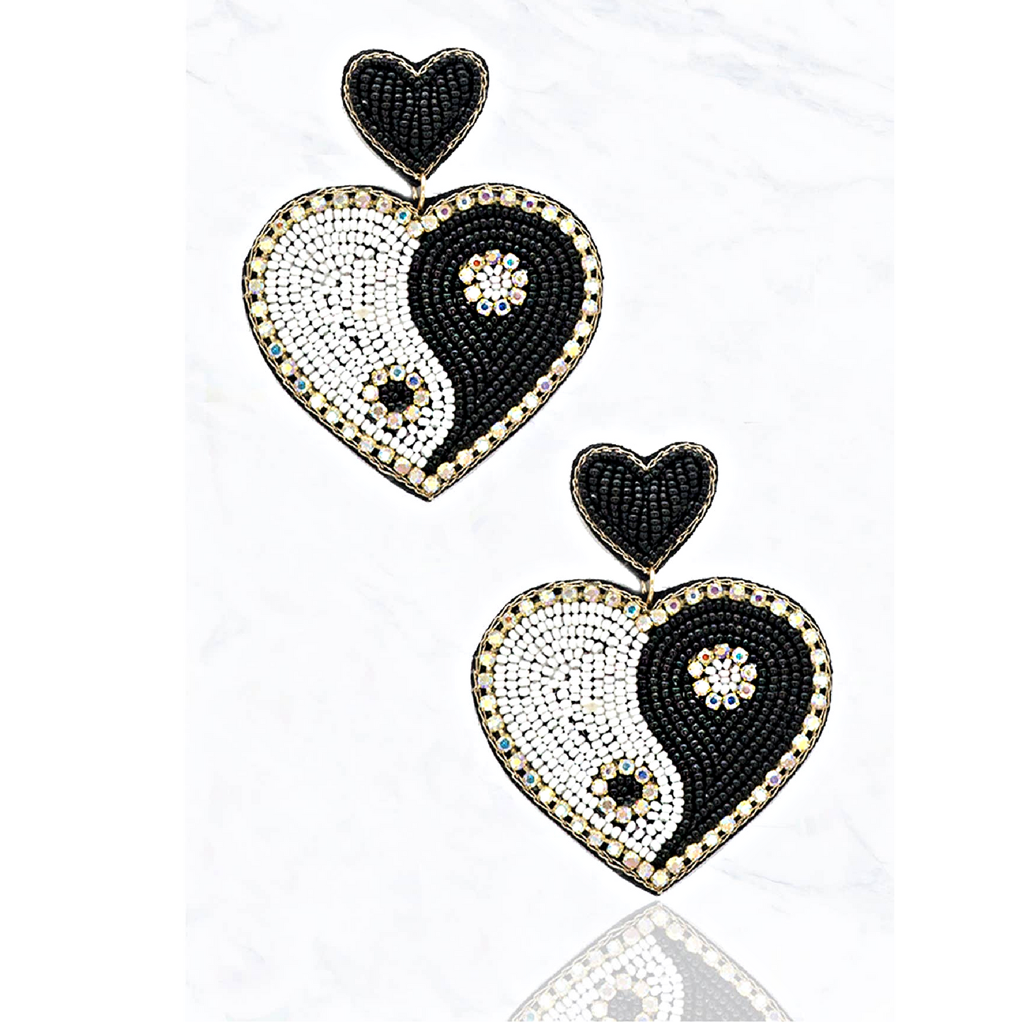 Heart Yin Yang Symbol Rhinestone Beaded Earrings