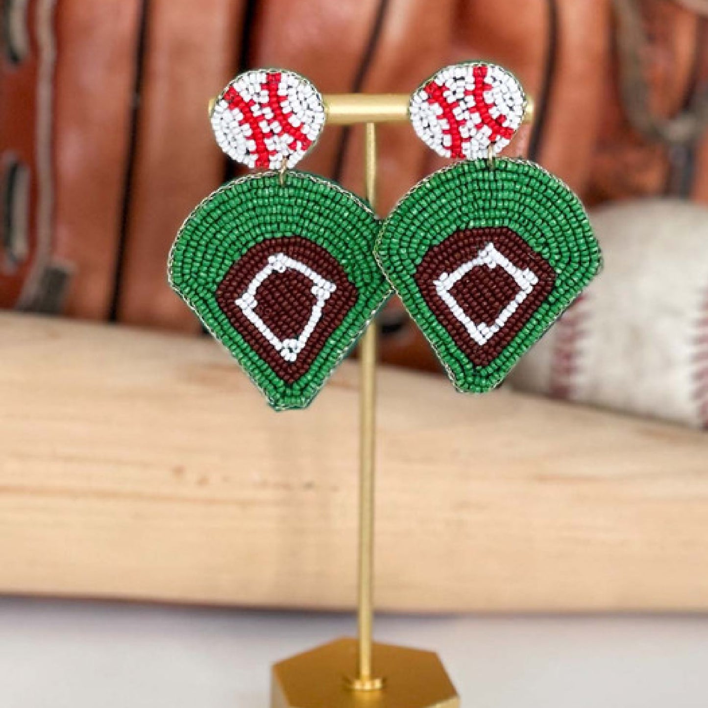Baseball Theme Field Ball Seed Beaded Earrings