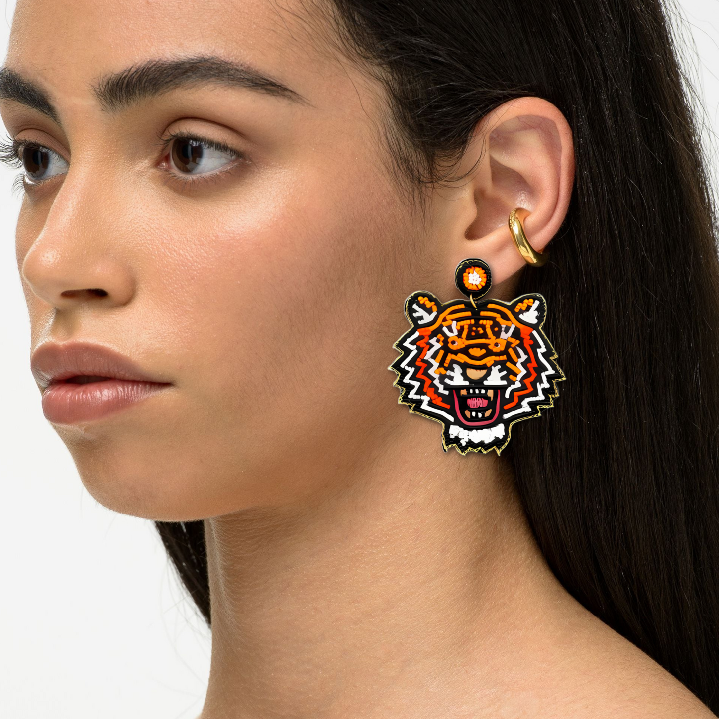 Orange Roaring Tiger Large Seed Beaded Earrings