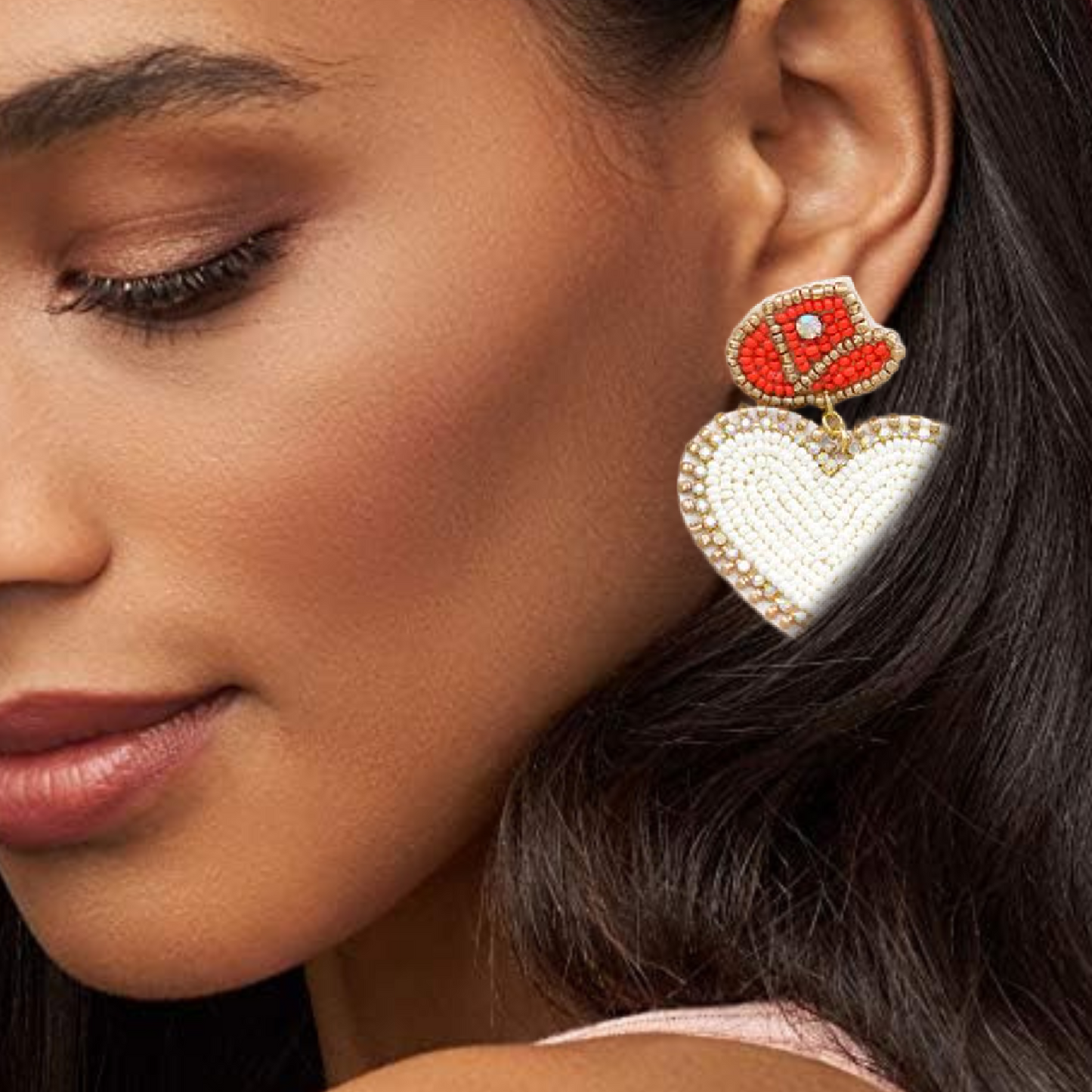In Love With A Cowboy Beaded Ivory Heart Earrings