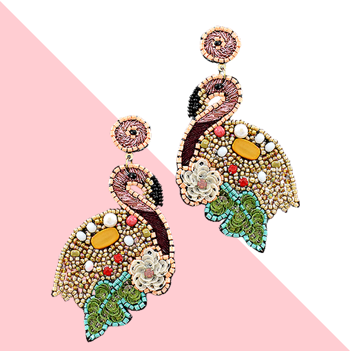 Pink Flamingo Tropical Bird Jeweled Beaded Earrings