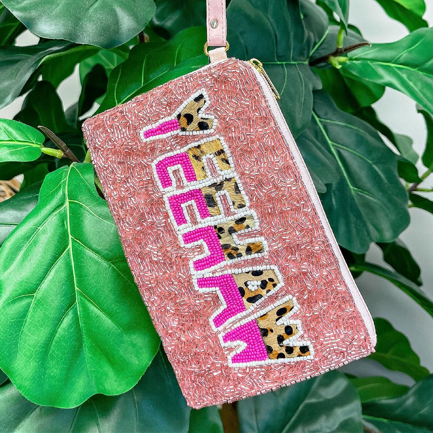 YEEHAW Pink Leopard Beaded Wristlet Strap Bag